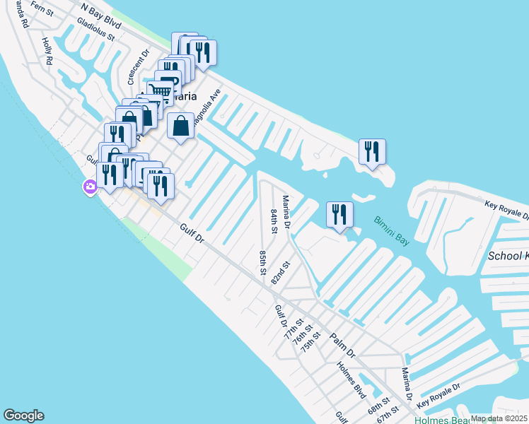 map of restaurants, bars, coffee shops, grocery stores, and more near 232 85th Street in Holmes Beach