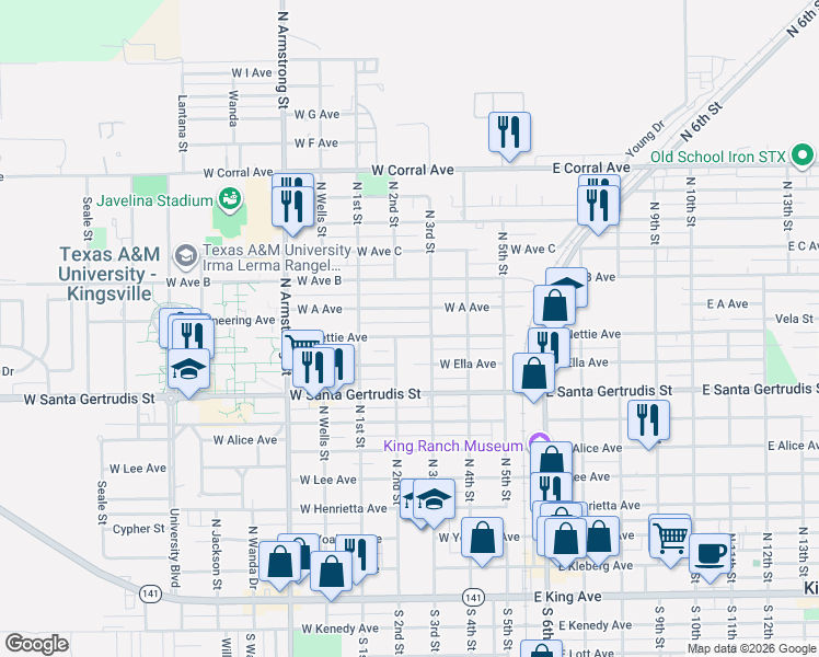 map of restaurants, bars, coffee shops, grocery stores, and more near 430 West Nettie Avenue in Kingsville