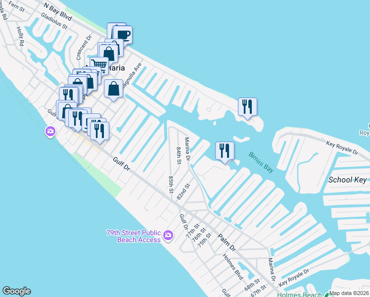 map of restaurants, bars, coffee shops, grocery stores, and more near 8314 Marina Drive in Holmes Beach