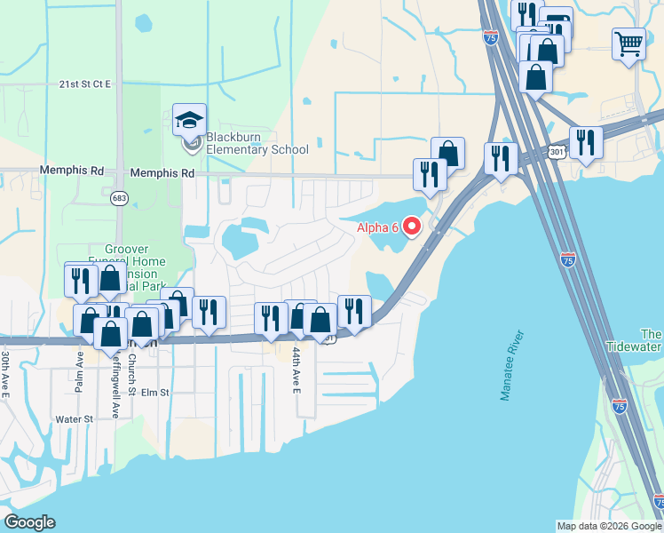 map of restaurants, bars, coffee shops, grocery stores, and more near 1214 45th Avenue Drive East in Ellenton