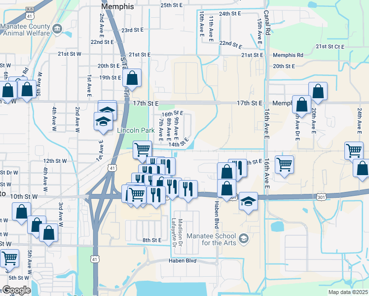 map of restaurants, bars, coffee shops, grocery stores, and more near 1003 14th Street East in Palmetto