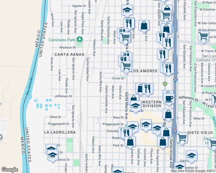 map of restaurants, bars, coffee shops, grocery stores, and more near 2805 Santa Cleotilde Avenue in Laredo
