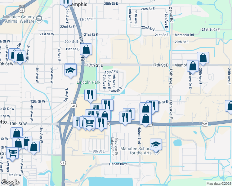 map of restaurants, bars, coffee shops, grocery stores, and more near 1003 14th Street East in Palmetto