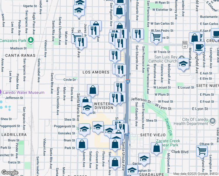 map of restaurants, bars, coffee shops, grocery stores, and more near 2810 San Agustin Avenue in Laredo