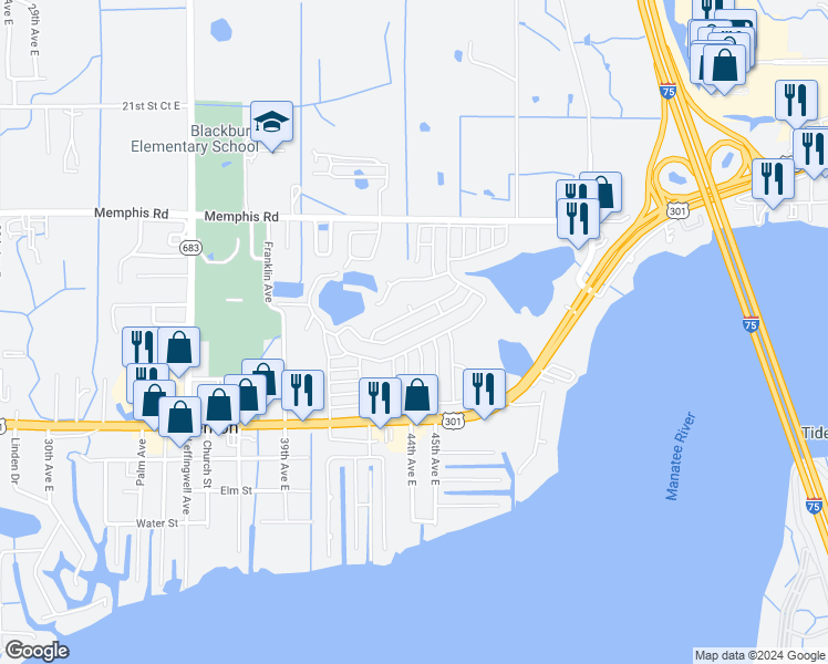 map of restaurants, bars, coffee shops, grocery stores, and more near 4405 13th Street East in Ellenton