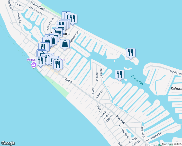 map of restaurants, bars, coffee shops, grocery stores, and more near 232 85th Street in Holmes Beach