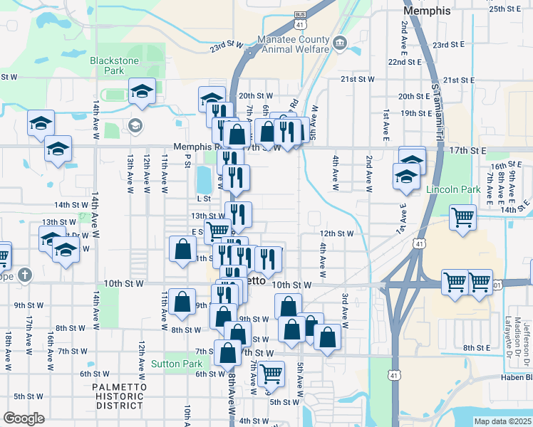 map of restaurants, bars, coffee shops, grocery stores, and more near 527 13th Street West in Palmetto