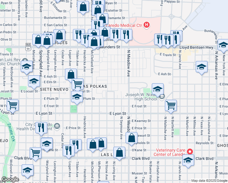 map of restaurants, bars, coffee shops, grocery stores, and more near 1601 East Locust Street in Laredo