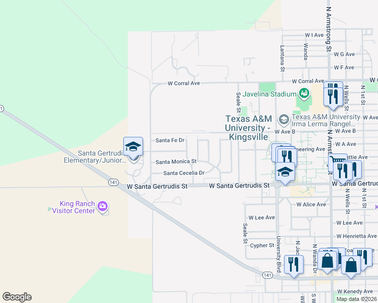 map of restaurants, bars, coffee shops, grocery stores, and more near 722 Santa Elena Drive in Kingsville