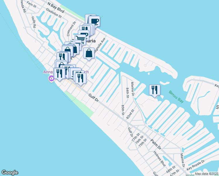 map of restaurants, bars, coffee shops, grocery stores, and more near 224 Oak Avenue in Anna Maria