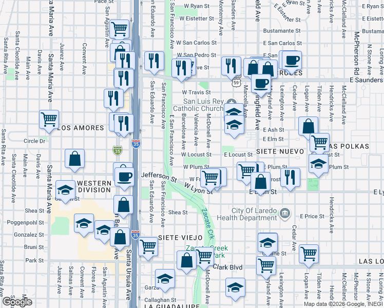 map of restaurants, bars, coffee shops, grocery stores, and more near 310 West Locust Street in Laredo
