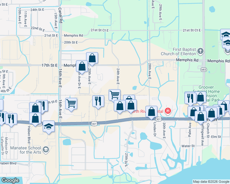 map of restaurants, bars, coffee shops, grocery stores, and more near 1305 24th Avenue East in Palmetto
