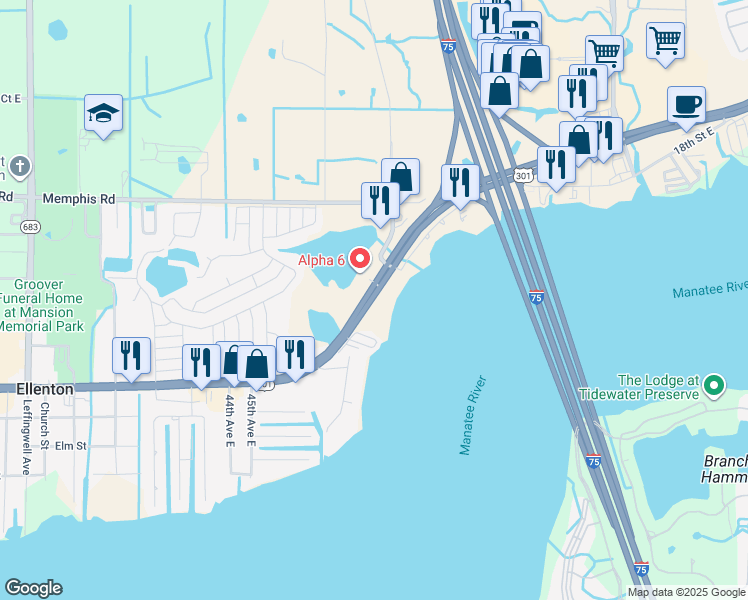 map of restaurants, bars, coffee shops, grocery stores, and more near 5009 Florida 43 in Ellenton