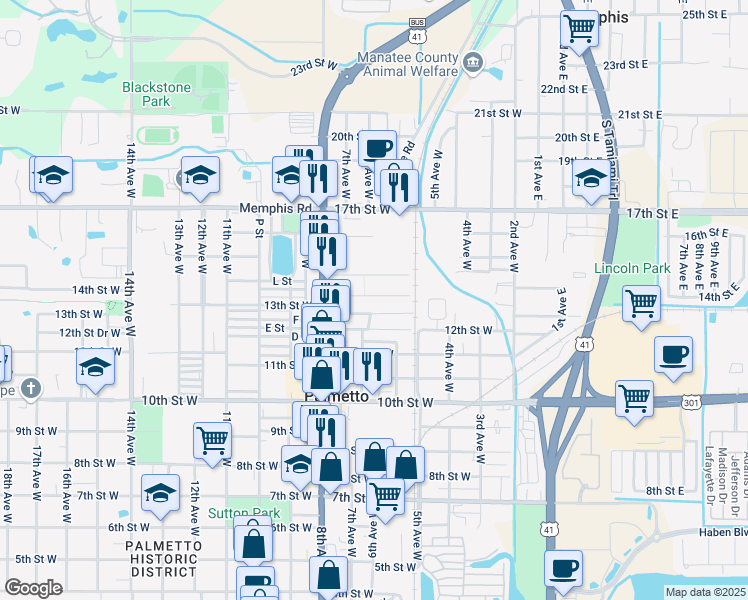 map of restaurants, bars, coffee shops, grocery stores, and more near 527 13th Street West in Palmetto