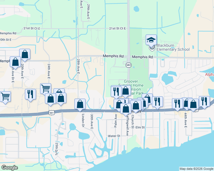 map of restaurants, bars, coffee shops, grocery stores, and more near 3208 14th Court East in Ellenton