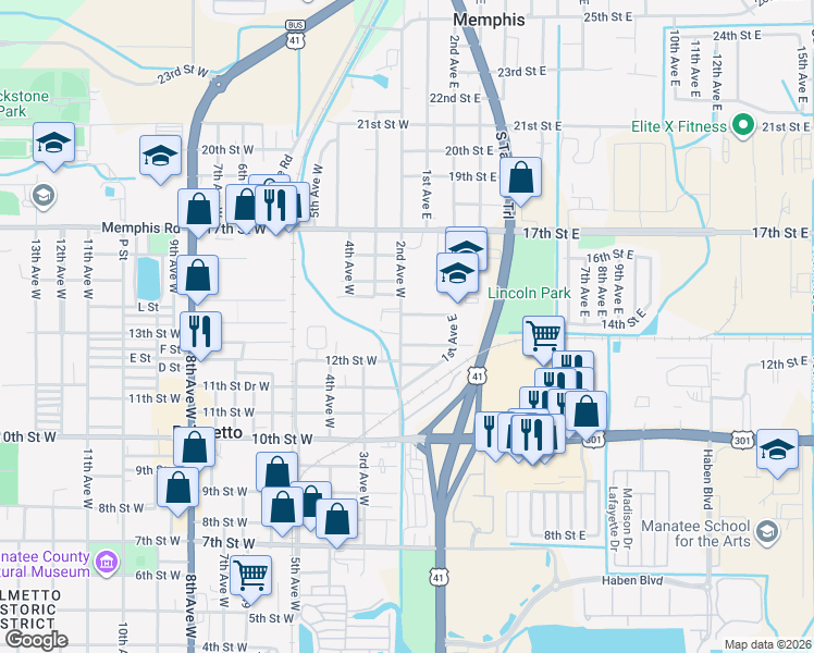map of restaurants, bars, coffee shops, grocery stores, and more near 1314 2nd Avenue West in Palmetto