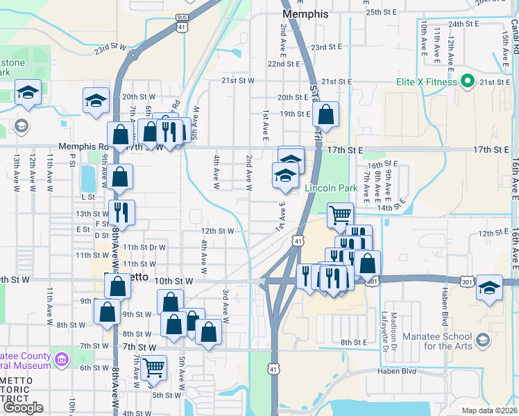 map of restaurants, bars, coffee shops, grocery stores, and more near 1314 2nd Avenue West in Palmetto