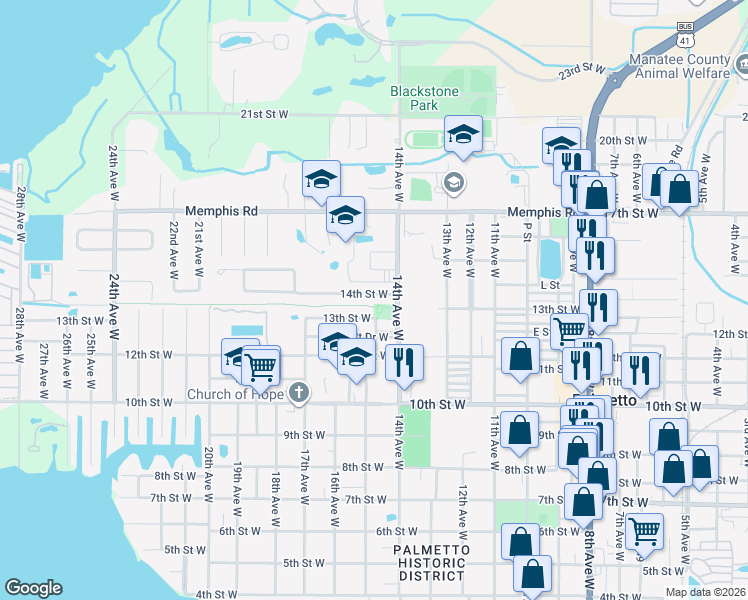 map of restaurants, bars, coffee shops, grocery stores, and more near 1504 13th Street West in Palmetto