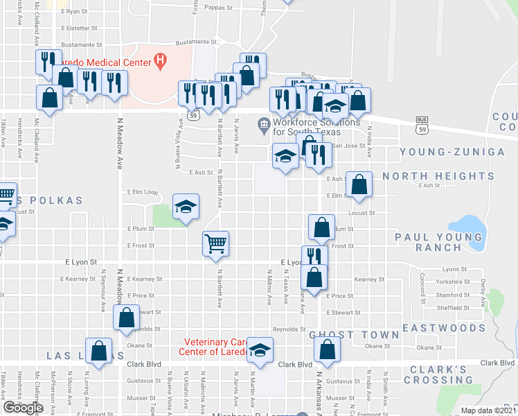 map of restaurants, bars, coffee shops, grocery stores, and more near 2404 East Locust Street in Laredo