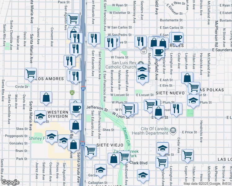 map of restaurants, bars, coffee shops, grocery stores, and more near 310 West Locust Street in Laredo