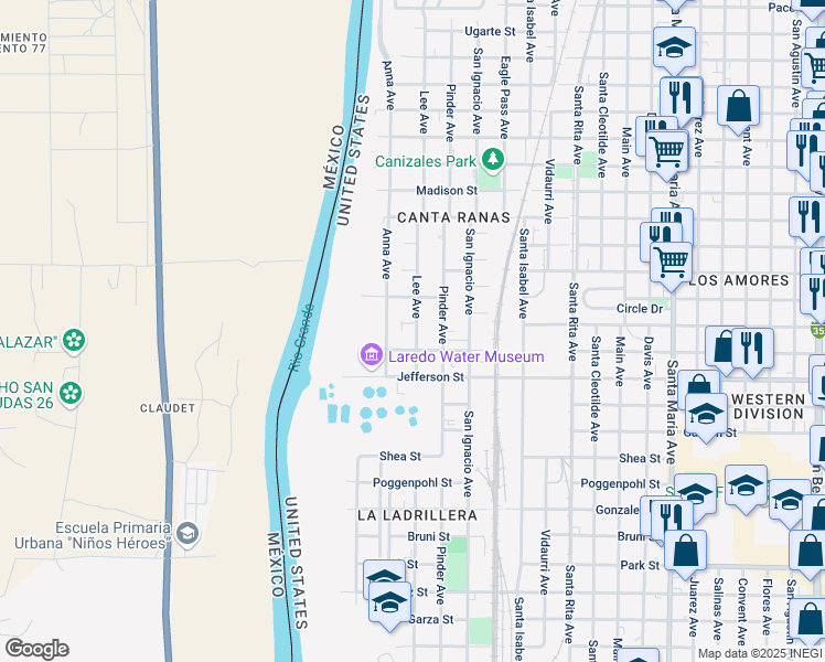 map of restaurants, bars, coffee shops, grocery stores, and more near 2506 Alamo Street in Laredo