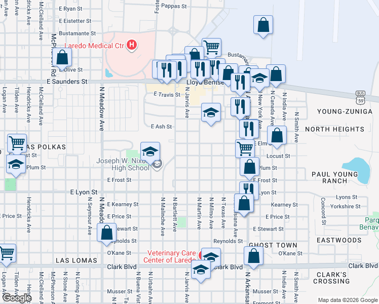 map of restaurants, bars, coffee shops, grocery stores, and more near 2315 East Locust Street in Laredo