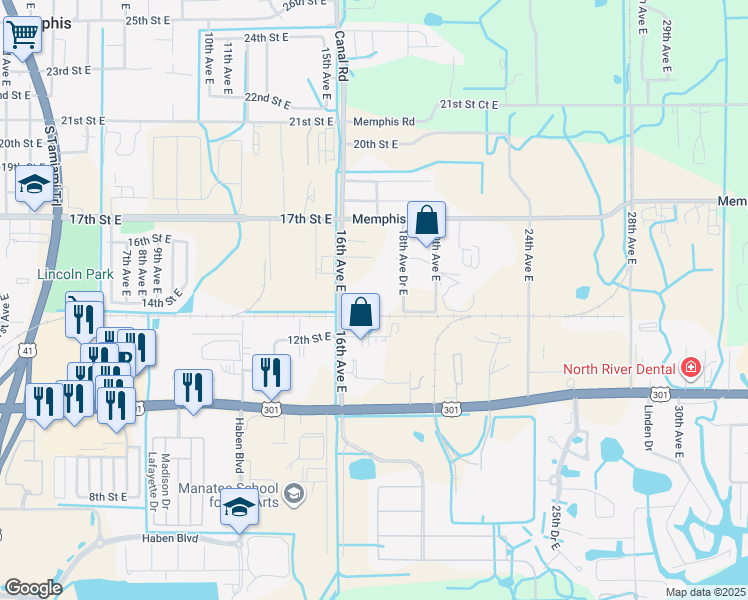 map of restaurants, bars, coffee shops, grocery stores, and more near 1804 13th Avenue East in Bradenton