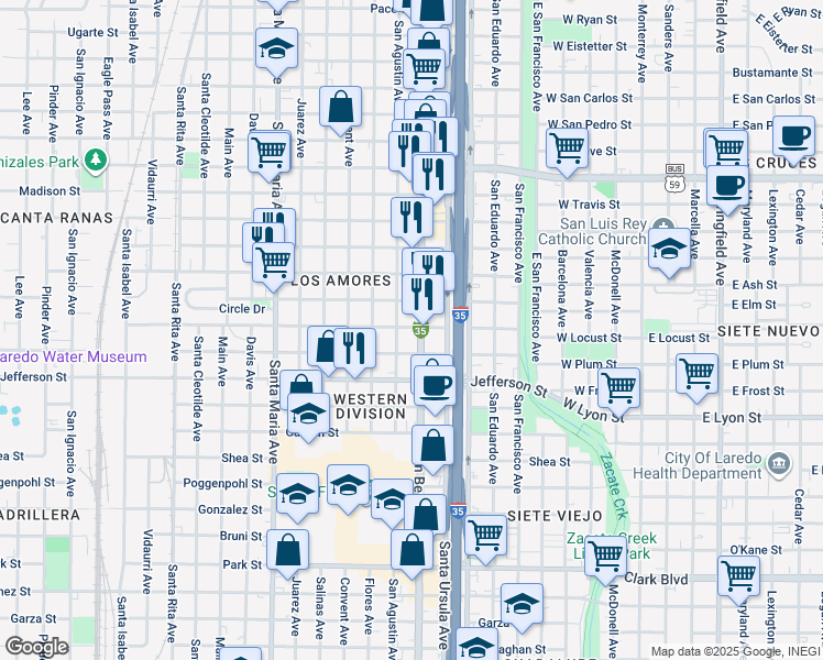 map of restaurants, bars, coffee shops, grocery stores, and more near 2810 San Agustin Avenue in Laredo
