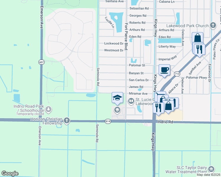 map of restaurants, bars, coffee shops, grocery stores, and more near 7901 James Road in Fort Pierce