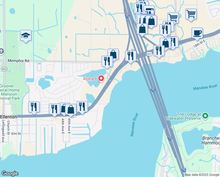 map of restaurants, bars, coffee shops, grocery stores, and more near 5009 Florida 43 in Ellenton