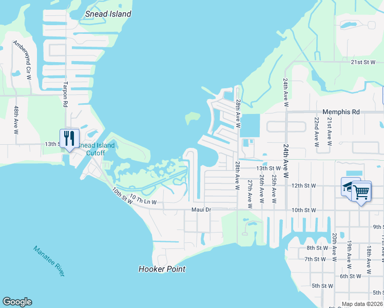 map of restaurants, bars, coffee shops, grocery stores, and more near 204 Bimini Drive in Palmetto