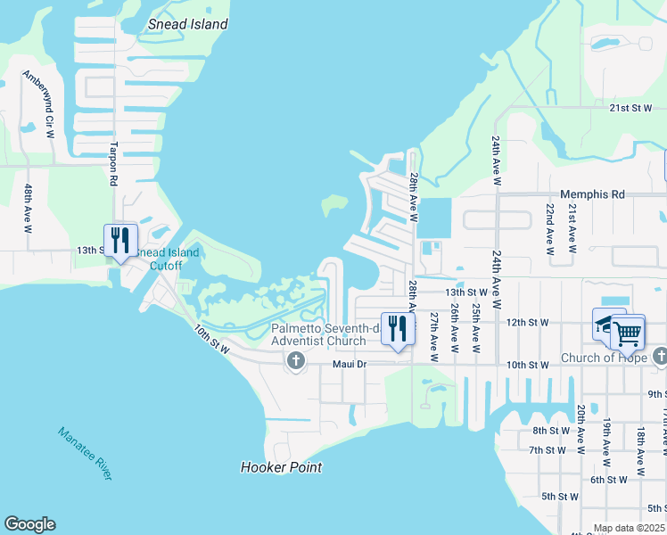 map of restaurants, bars, coffee shops, grocery stores, and more near 204 Bimini Drive in Palmetto