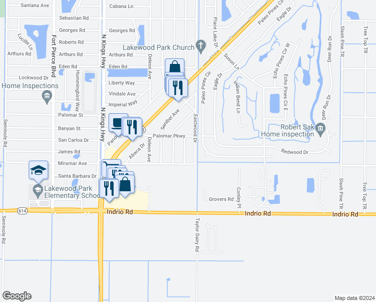 map of restaurants, bars, coffee shops, grocery stores, and more near 5004 Killarney Avenue in Fort Pierce
