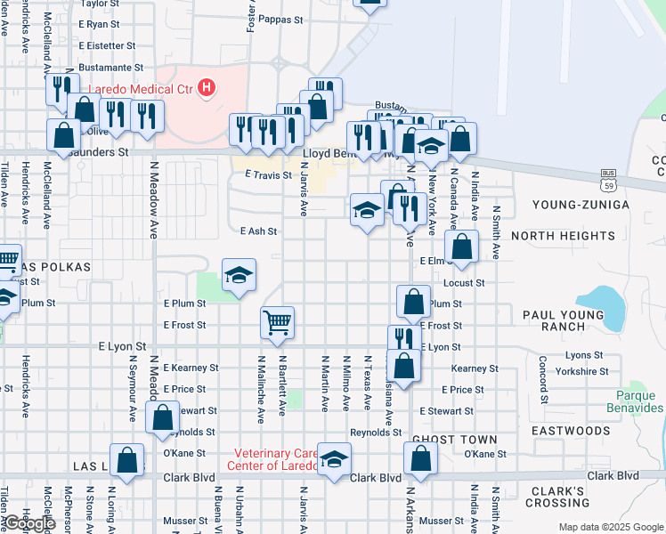 map of restaurants, bars, coffee shops, grocery stores, and more near 2315 East Locust Street in Laredo