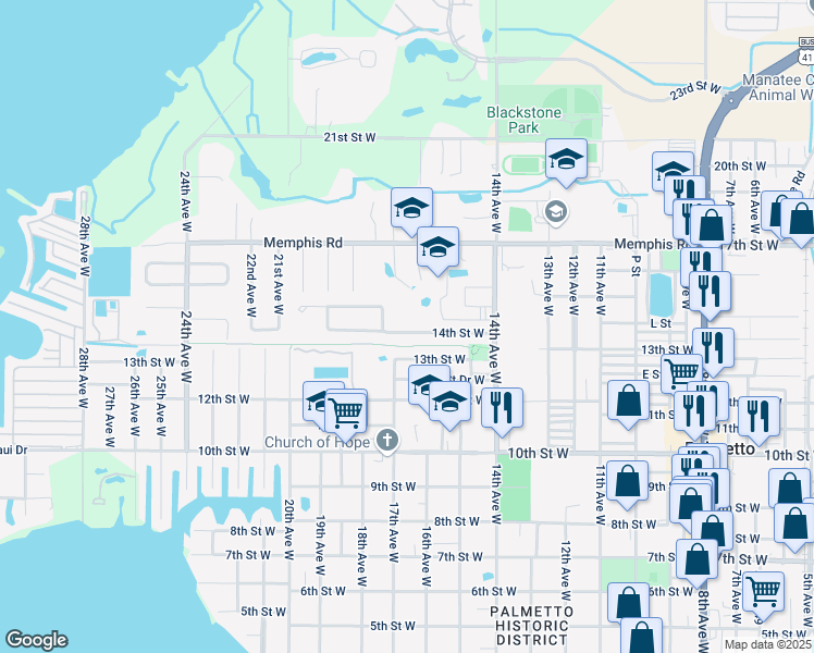 map of restaurants, bars, coffee shops, grocery stores, and more near 1614 13th Street West in Palmetto