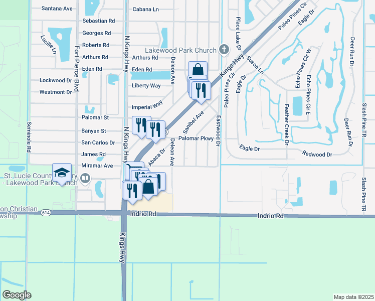 map of restaurants, bars, coffee shops, grocery stores, and more near 6801 Palomar Parkway in Fort Pierce