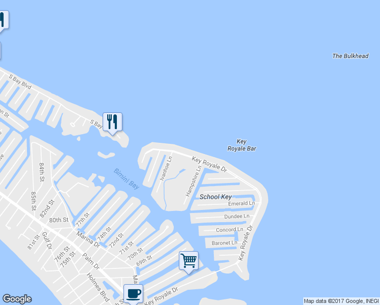 map of restaurants, bars, coffee shops, grocery stores, and more near 697 Key Royale Drive in Holmes Beach