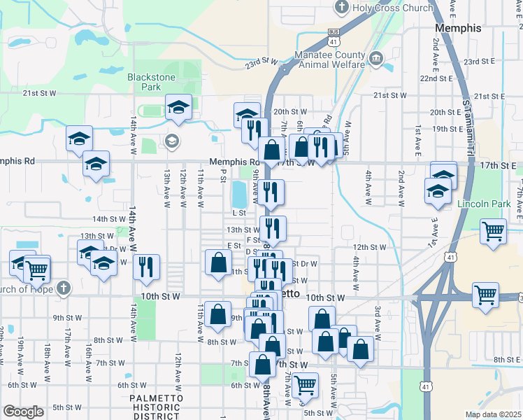 map of restaurants, bars, coffee shops, grocery stores, and more near 14 9th Avenue West in Palmetto