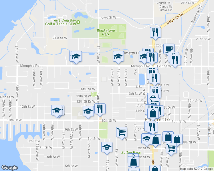 map of restaurants, bars, coffee shops, grocery stores, and more near 1303 17th Street West in Palmetto