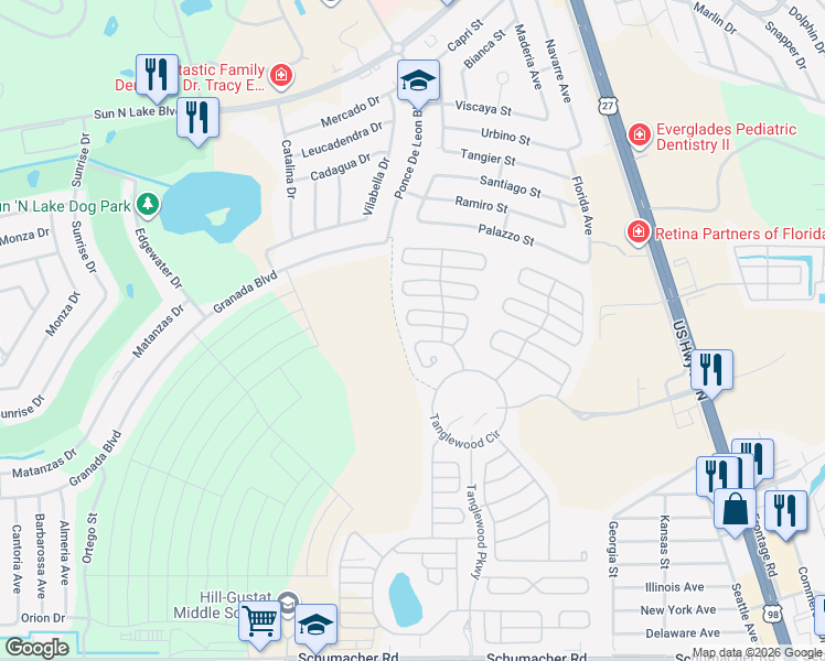 map of restaurants, bars, coffee shops, grocery stores, and more near 3792 Running Deer in Sebring