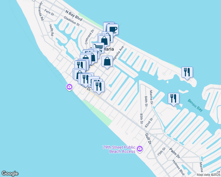 map of restaurants, bars, coffee shops, grocery stores, and more near 305 Hardin Drive in Anna Maria