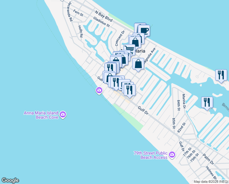 map of restaurants, bars, coffee shops, grocery stores, and more near 9908 Gulf Drive in Anna Maria