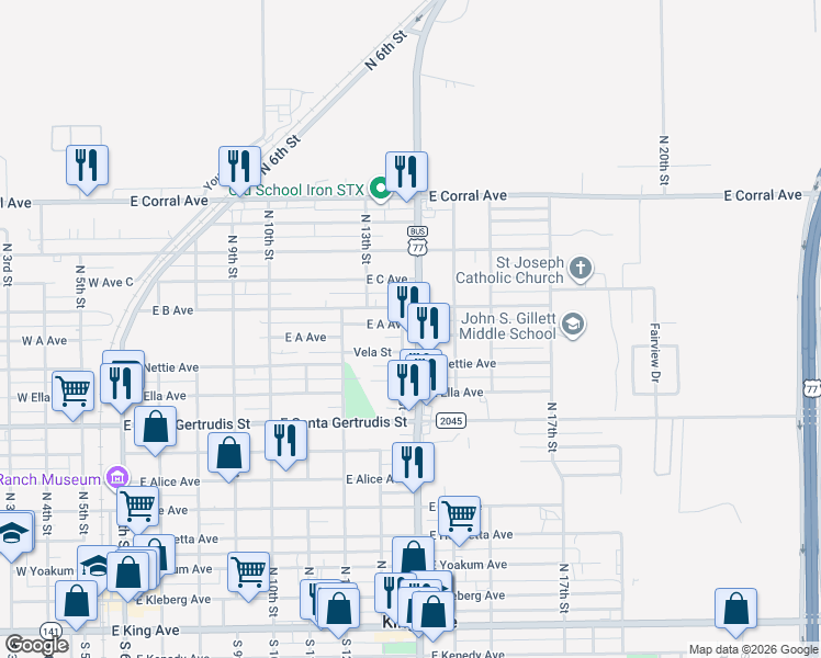 map of restaurants, bars, coffee shops, grocery stores, and more near 916 East A Avenue in Kingsville