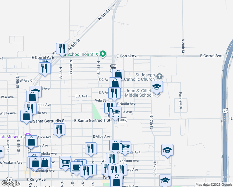 map of restaurants, bars, coffee shops, grocery stores, and more near 1005 East B Avenue in Kingsville