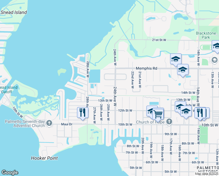 map of restaurants, bars, coffee shops, grocery stores, and more near 2410 14th Street Drive West in Palmetto