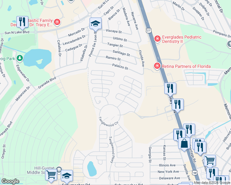 map of restaurants, bars, coffee shops, grocery stores, and more near 1700-1798 Primrose Ln in Sebring