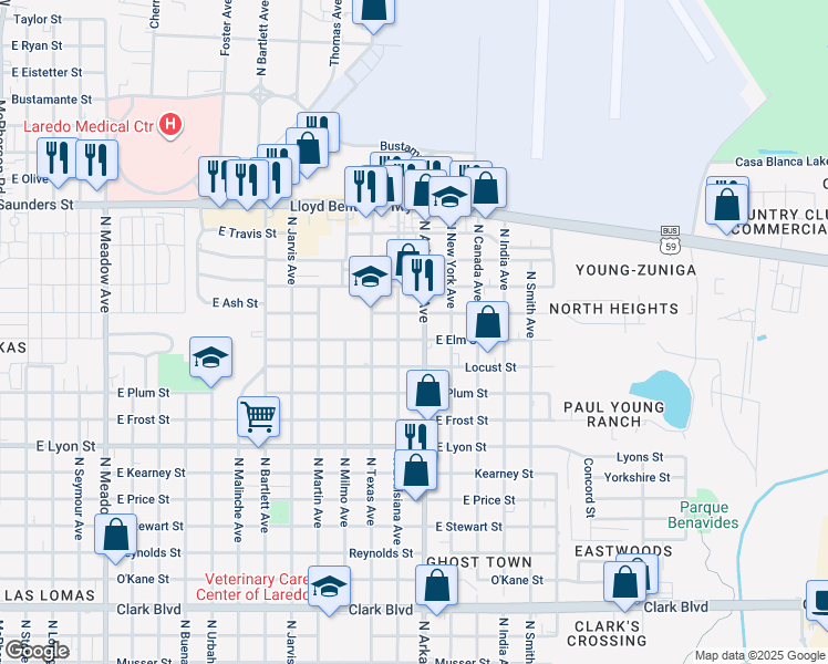 map of restaurants, bars, coffee shops, grocery stores, and more near 2718 East Elm Street in Laredo