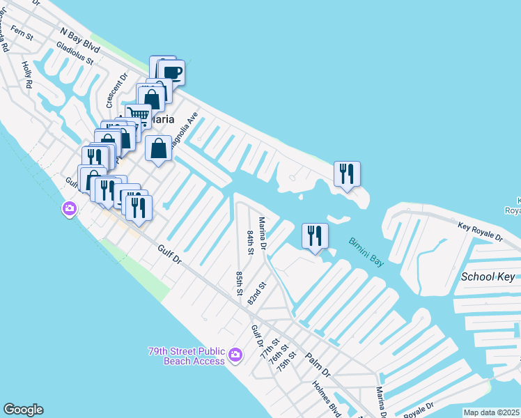 map of restaurants, bars, coffee shops, grocery stores, and more near 8323 Marina Drive in Holmes Beach