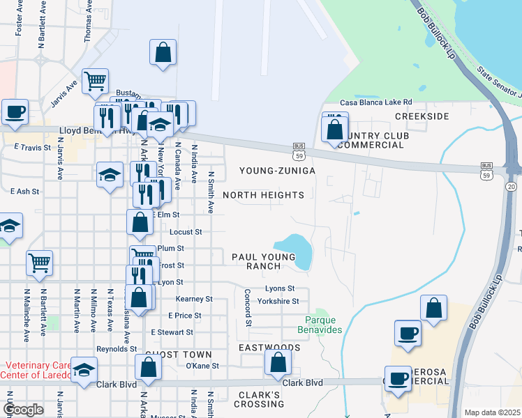 map of restaurants, bars, coffee shops, grocery stores, and more near 3414 East Ash Street in Laredo