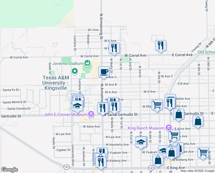 map of restaurants, bars, coffee shops, grocery stores, and more near 709 West Avenue B in Kingsville